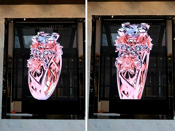 Dazzling Blend of High-Tech and Luxury: Holographic LED Screen Placed on Jewelry Store Glass Facade