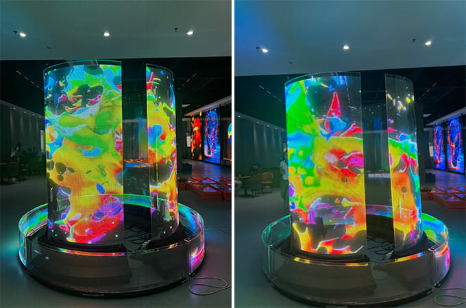 Seamless Innovation on Glass: MileStrong's Transparent LED Film Screen Installed on Cylindrical Glass in the Exhibition Hall