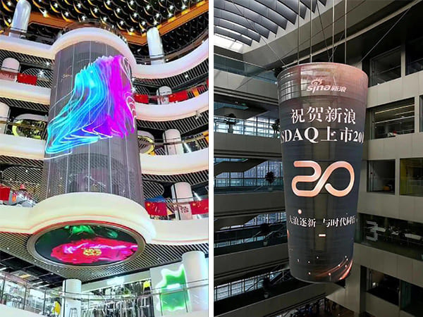 A Transparent Cylinder LED Display Suspended in the Center Creates a Futuristic C