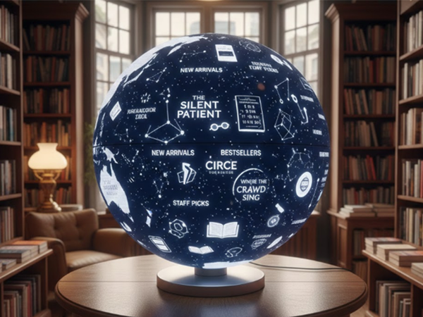 The library customizes a spherical LED display to showcase and recommend the latest books.