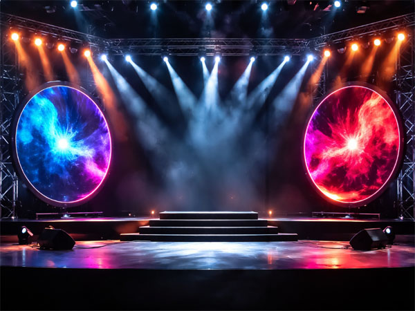Circular LED displays on both sides of the stage