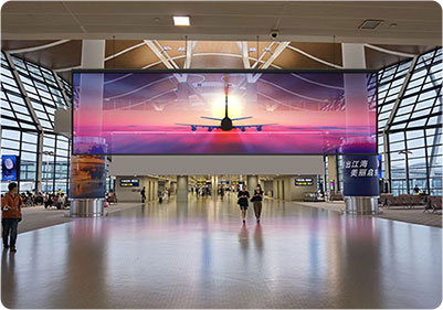 P3.91 High-Transparency Holographic LED Screen from Milestrong Suspended in Airport Hall